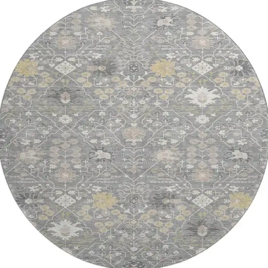 8' Gray Ivory And Beige Oriental Washable Round Rug With UV Protection Photo 3