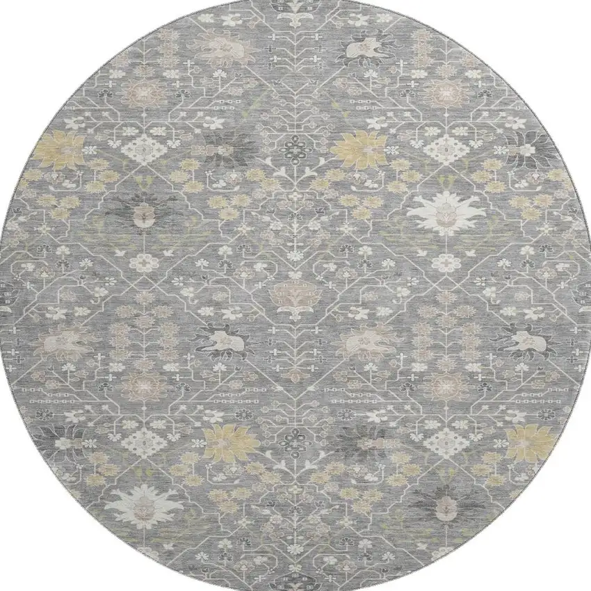 8' Gray Ivory And Beige Oriental Washable Round Rug With UV Protection Photo 3