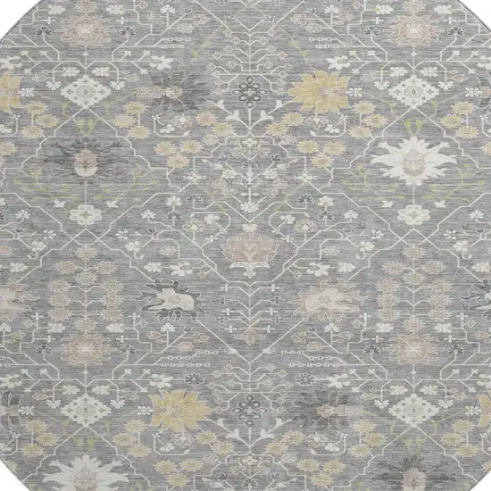 8' Gray Ivory And Beige Oriental Washable Round Rug With UV Protection Photo 2