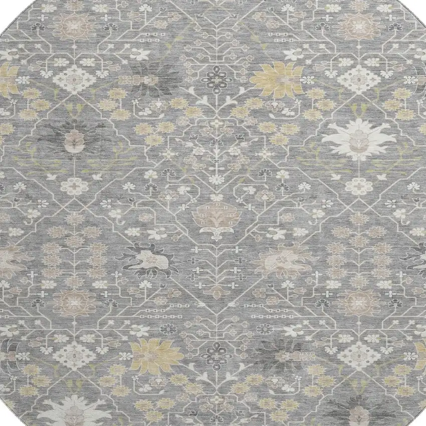 8' Gray Ivory And Beige Oriental Washable Round Rug With UV Protection Photo 2