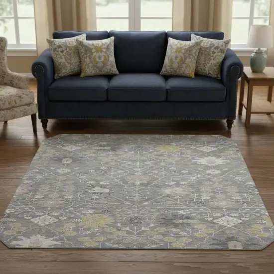 8' Gray Ivory And Beige Oriental Washable Round Rug With UV Protection Photo 2