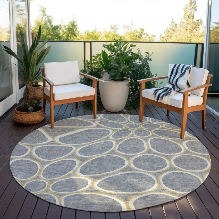 8' Gray Ivory And Beige Round Abstract Washable Indoor Outdoor Area Rug Photo 7