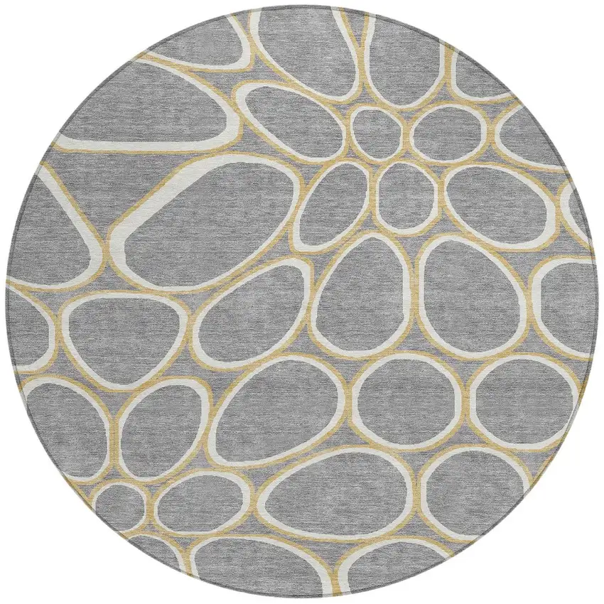 8' Gray Ivory And Beige Round Abstract Washable Indoor Outdoor Area Rug Photo 5