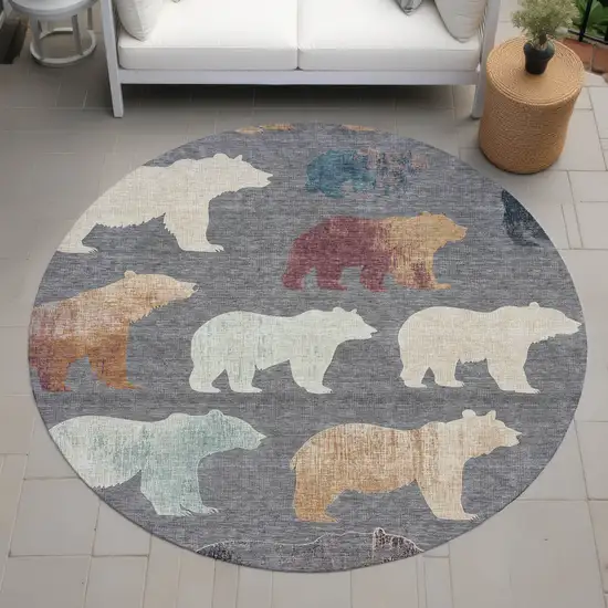 8' Gray Ivory And Beige Round Animal Print Washable Indoor Outdoor Area Rug Photo 8