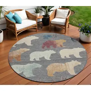 Photo of 8' Gray Ivory And Beige Round Animal Print Washable Indoor Outdoor Area Rug