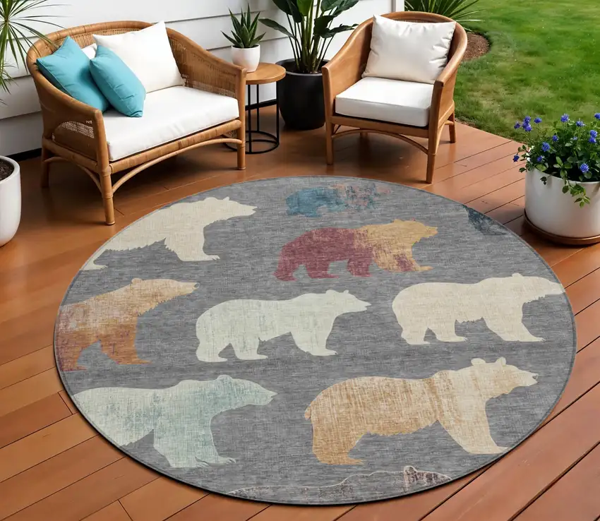 8' Gray Ivory And Beige Round Animal Print Washable Indoor Outdoor Area Rug Photo 1