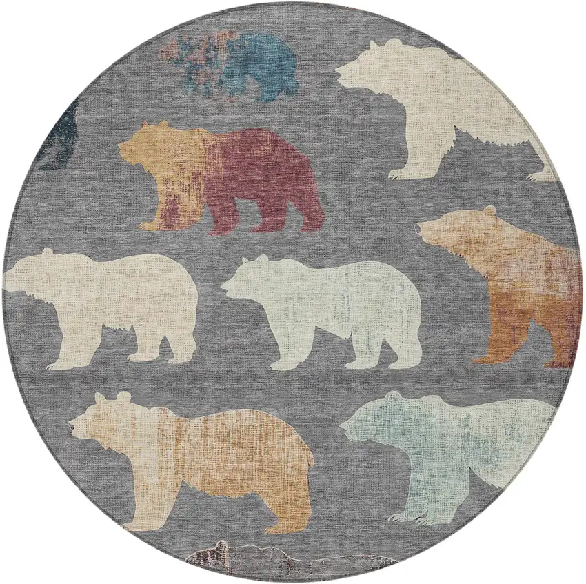 8' Gray Ivory And Beige Round Animal Print Washable Indoor Outdoor Area Rug Photo 5
