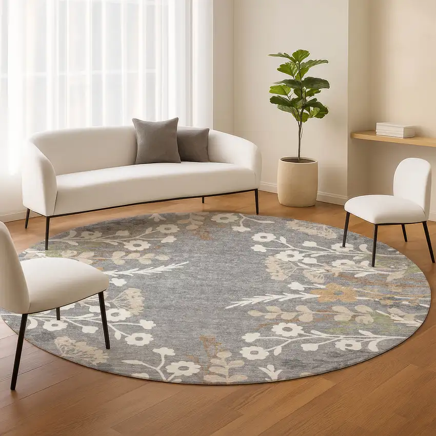 8' Gray Ivory And Beige Round Floral Washable Indoor Outdoor Area Rug Photo 9