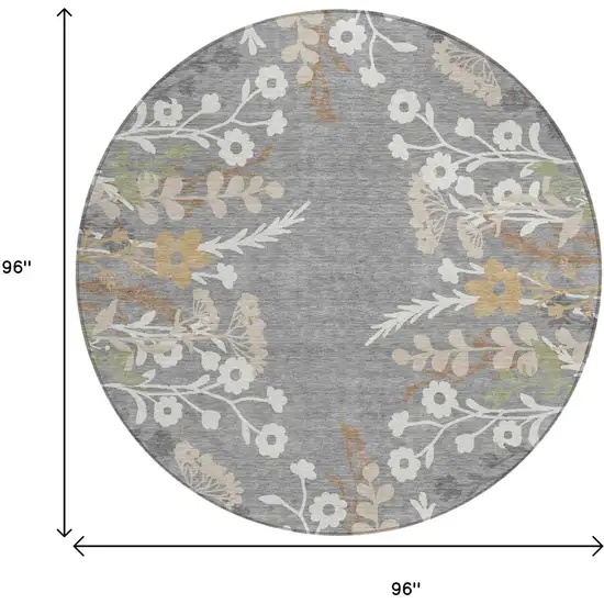 8' Gray Ivory And Beige Round Floral Washable Indoor Outdoor Area Rug Photo 3