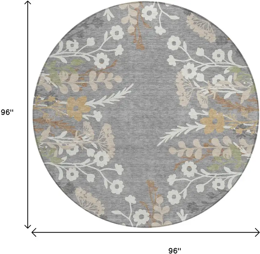 8' Gray Ivory And Beige Round Floral Washable Indoor Outdoor Area Rug Photo 3