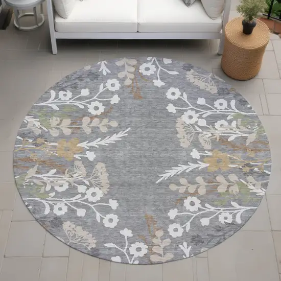 8' Gray Ivory And Beige Round Floral Washable Indoor Outdoor Area Rug Photo 8