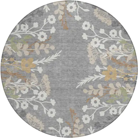 8' Gray Ivory And Beige Round Floral Washable Indoor Outdoor Area Rug Photo 2