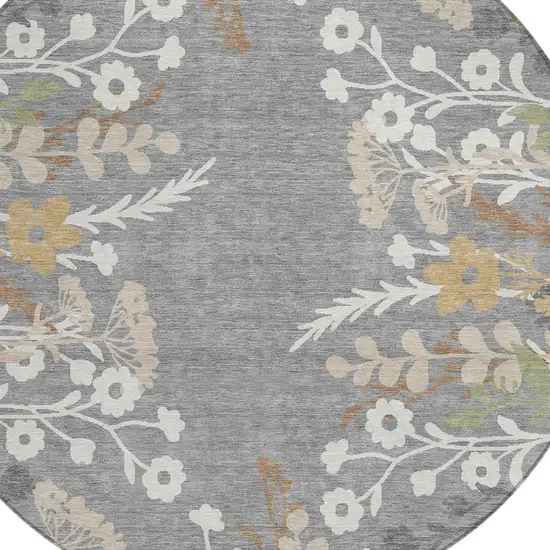 8' Gray Ivory And Beige Round Floral Washable Indoor Outdoor Area Rug Photo 7