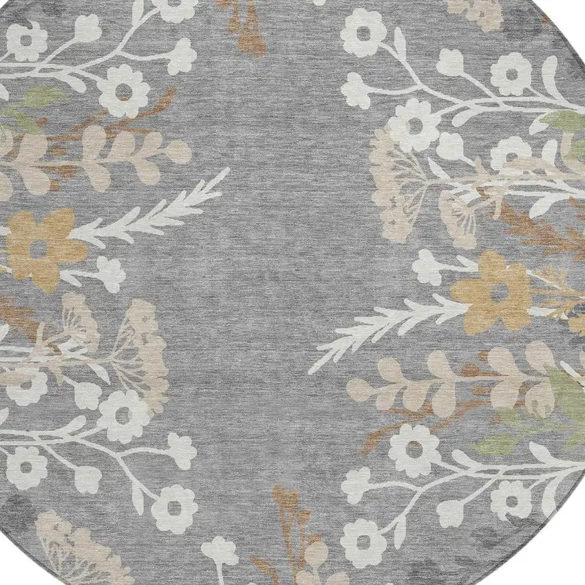 8' Gray Ivory And Beige Round Floral Washable Indoor Outdoor Area Rug Photo 7