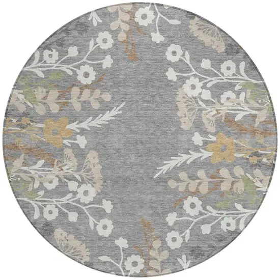 8' Gray Ivory And Beige Round Floral Washable Indoor Outdoor Area Rug Photo 4