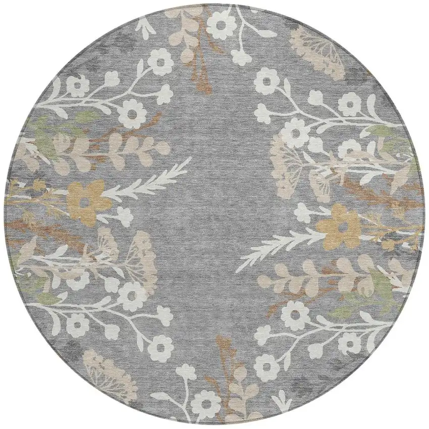 8' Gray Ivory And Beige Round Floral Washable Indoor Outdoor Area Rug Photo 4