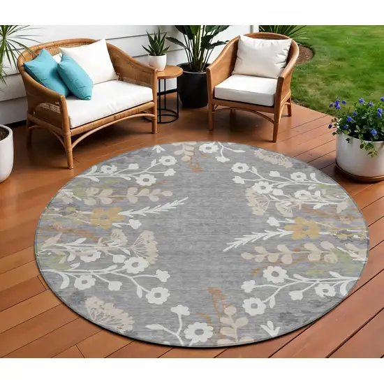 8' Gray Ivory And Beige Round Floral Washable Indoor Outdoor Area Rug Photo 1