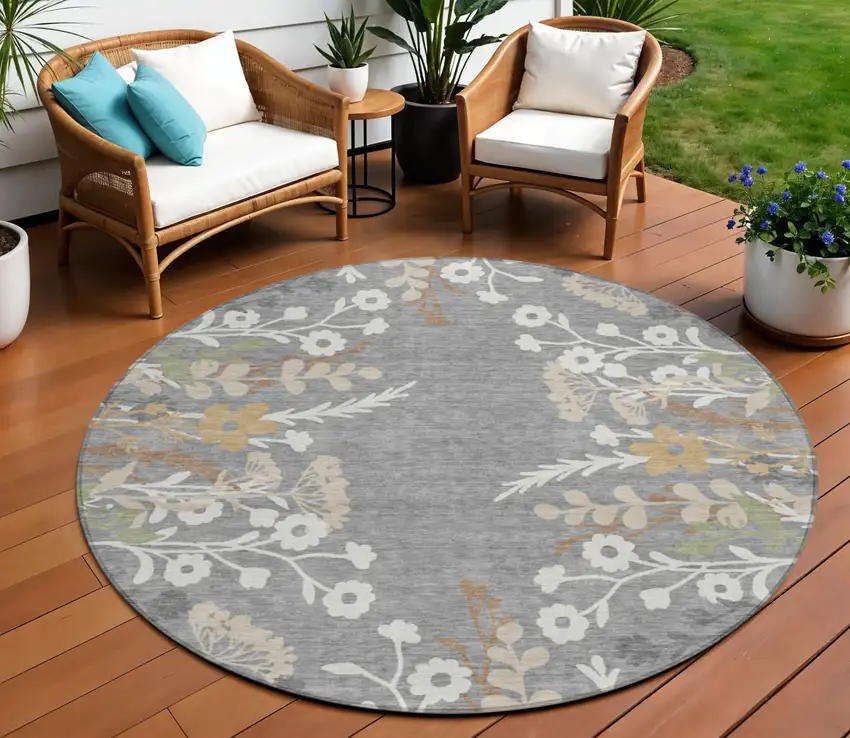 8' Gray Ivory And Beige Round Floral Washable Indoor Outdoor Area Rug Photo 1