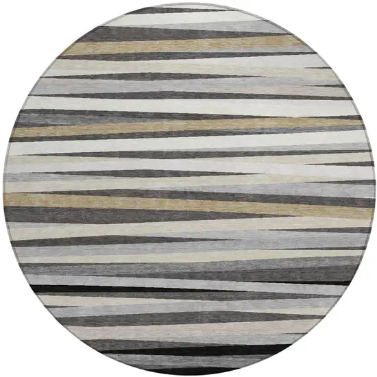 8' Gray Ivory And Beige Round Striped Washable Indoor Outdoor Area Rug Photo 2
