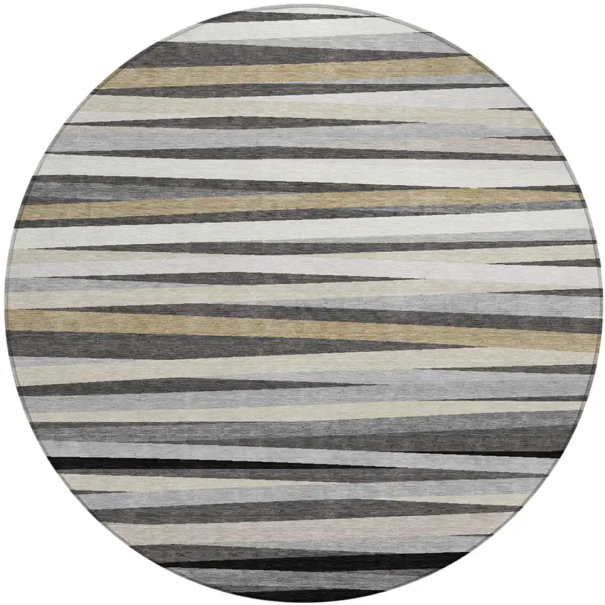 8' Gray Ivory And Beige Round Striped Washable Indoor Outdoor Area Rug Photo 2