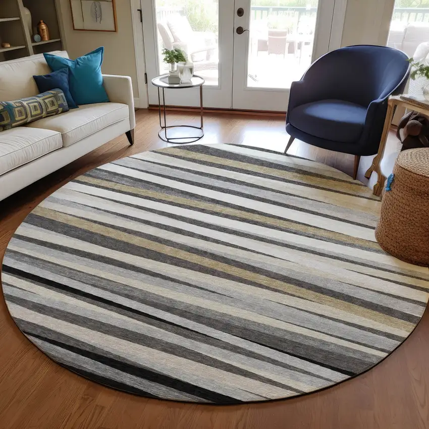 8' Gray Ivory And Beige Round Striped Washable Indoor Outdoor Area Rug Photo 7