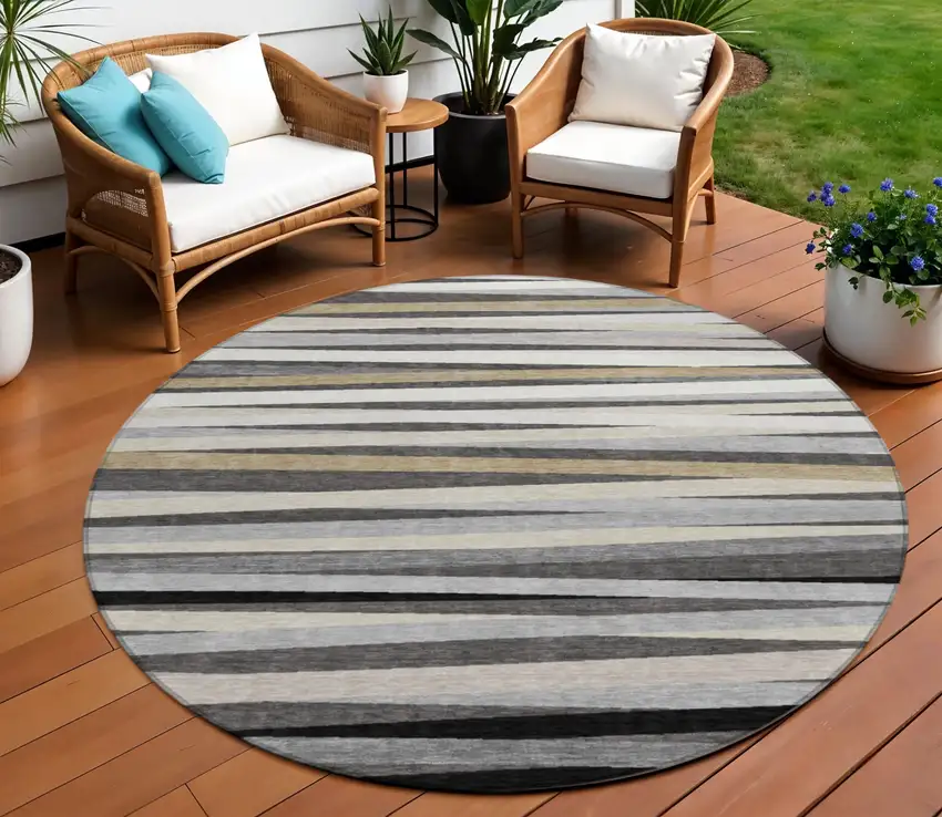 8' Gray Ivory And Beige Round Striped Washable Indoor Outdoor Area Rug Photo 1