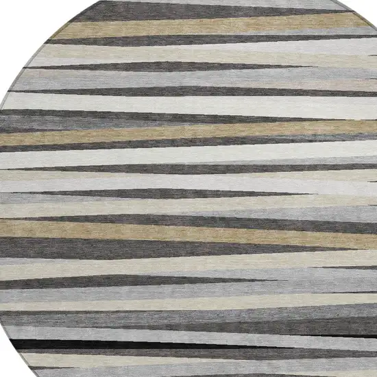 8' Gray Ivory And Beige Round Striped Washable Indoor Outdoor Area Rug Photo 4