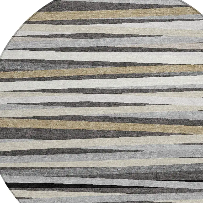 8' Gray Ivory And Beige Round Striped Washable Indoor Outdoor Area Rug Photo 4