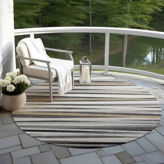 8' Gray Ivory And Beige Round Striped Washable Indoor Outdoor Area Rug Photo 6