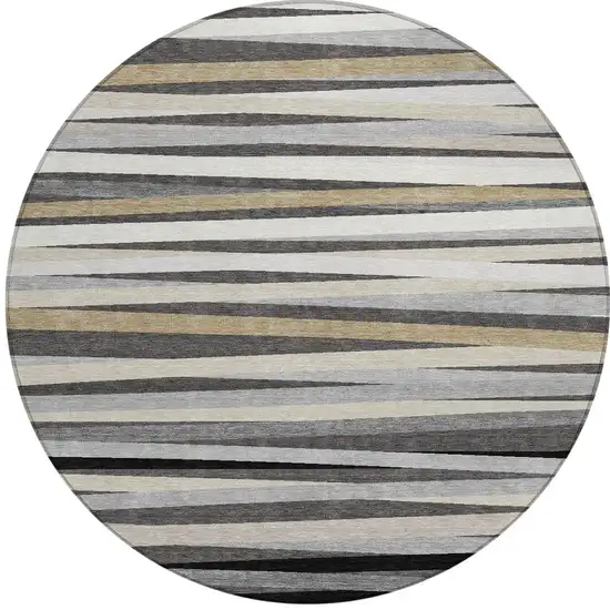 8' Gray Ivory And Beige Round Striped Washable Indoor Outdoor Area Rug Photo 5