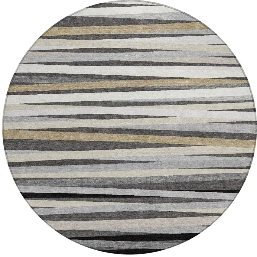 8' Gray Ivory And Beige Round Striped Washable Indoor Outdoor Area Rug Photo 5