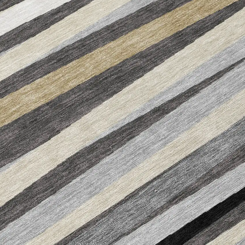 8' Gray Ivory And Beige Round Striped Washable Indoor Outdoor Area Rug Photo 8