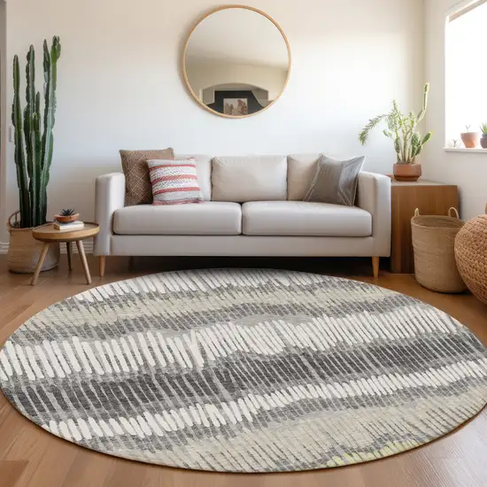 8' Gray Ivory And Beige Striped Washable Round Rug With UV Protection Photo 5