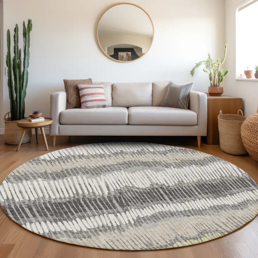 8' Gray Ivory And Beige Striped Washable Round Rug With UV Protection Photo 5