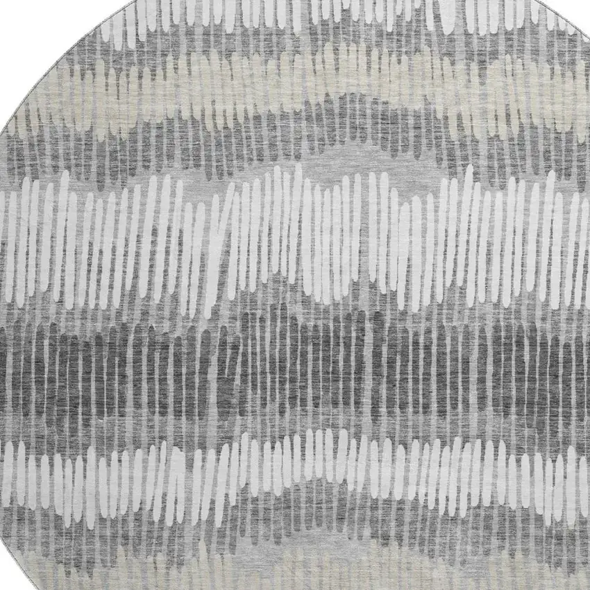 8' Gray Ivory And Beige Striped Washable Round Rug With UV Protection Photo 3