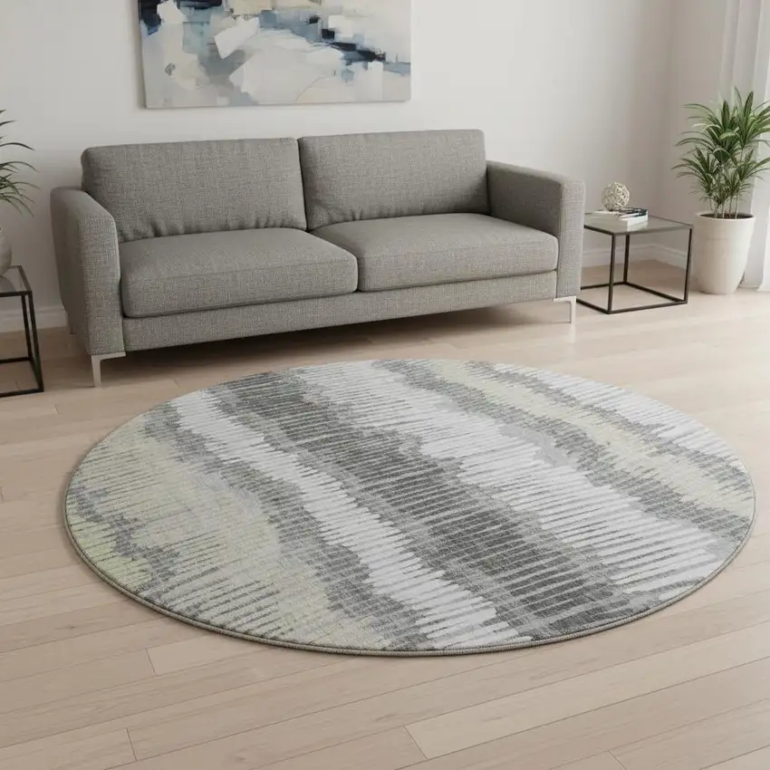 8' Gray Ivory And Beige Striped Washable Round Rug With UV Protection Photo 2