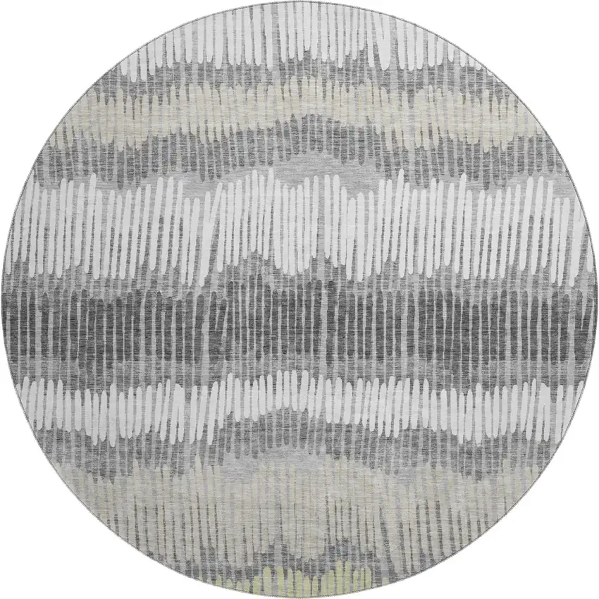8' Gray Ivory And Beige Striped Washable Round Rug With UV Protection Photo 1