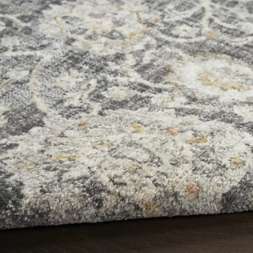 4' Gray Ivory And Black Floral Distressed Round Rug Photo 9
