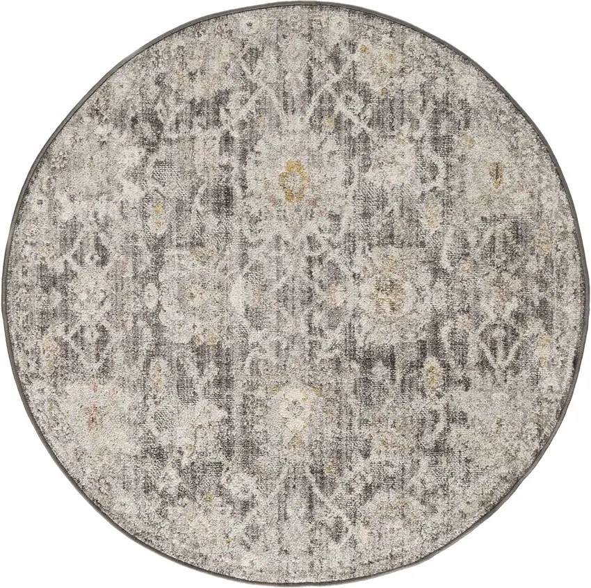 4' Gray Ivory And Black Floral Distressed Round Rug Photo 4