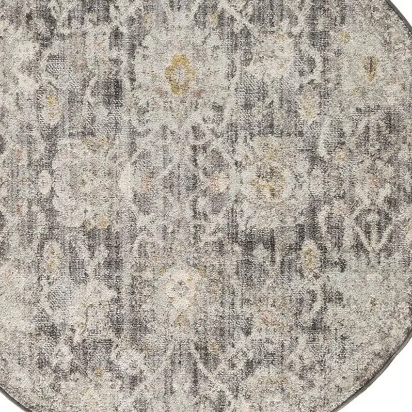 4' Gray Ivory And Black Floral Distressed Round Rug Photo 3