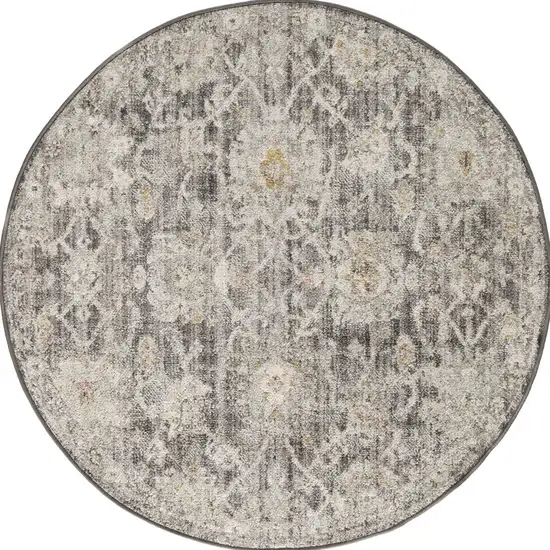 4' Gray Ivory And Black Floral Distressed Round Rug Photo 2