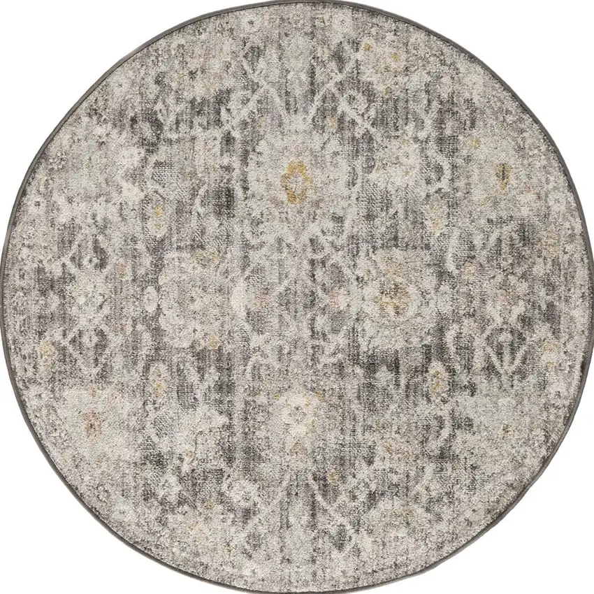 4' Gray Ivory And Black Floral Distressed Round Rug Photo 2