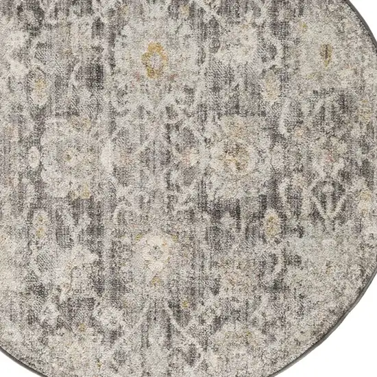 4' Gray Ivory And Black Floral Distressed Round Rug Photo 7
