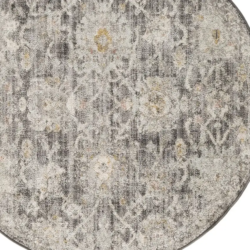 4' Gray Ivory And Black Floral Distressed Round Rug Photo 7