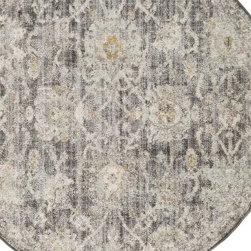 8' Gray Ivory And Black Floral Distressed Round Rug Photo 3