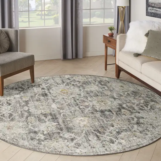 8' Gray Ivory And Black Floral Distressed Round Rug Photo 5