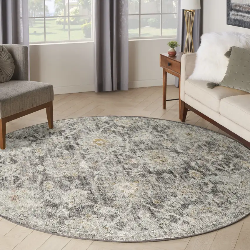8' Gray Ivory And Black Floral Distressed Round Rug Photo 5