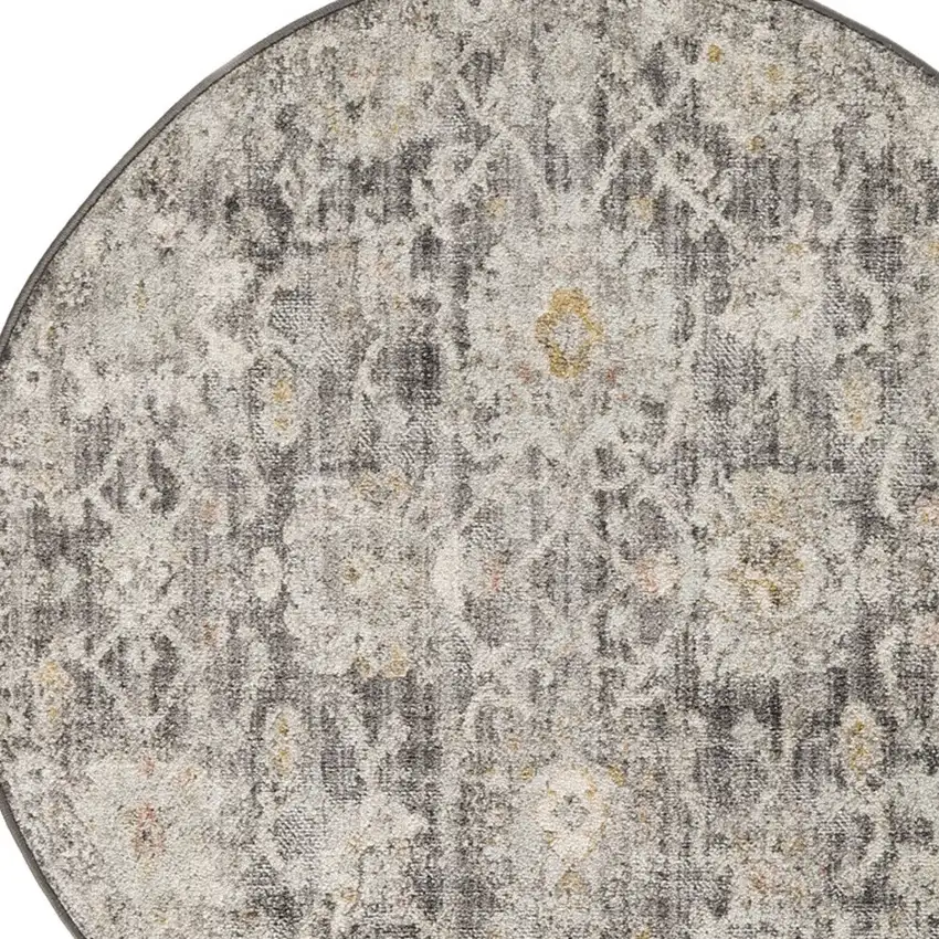 8' Gray Ivory And Black Floral Distressed Round Rug Photo 7