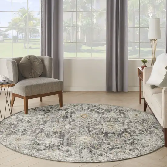 8' Gray Ivory And Black Floral Distressed Round Rug Photo 6