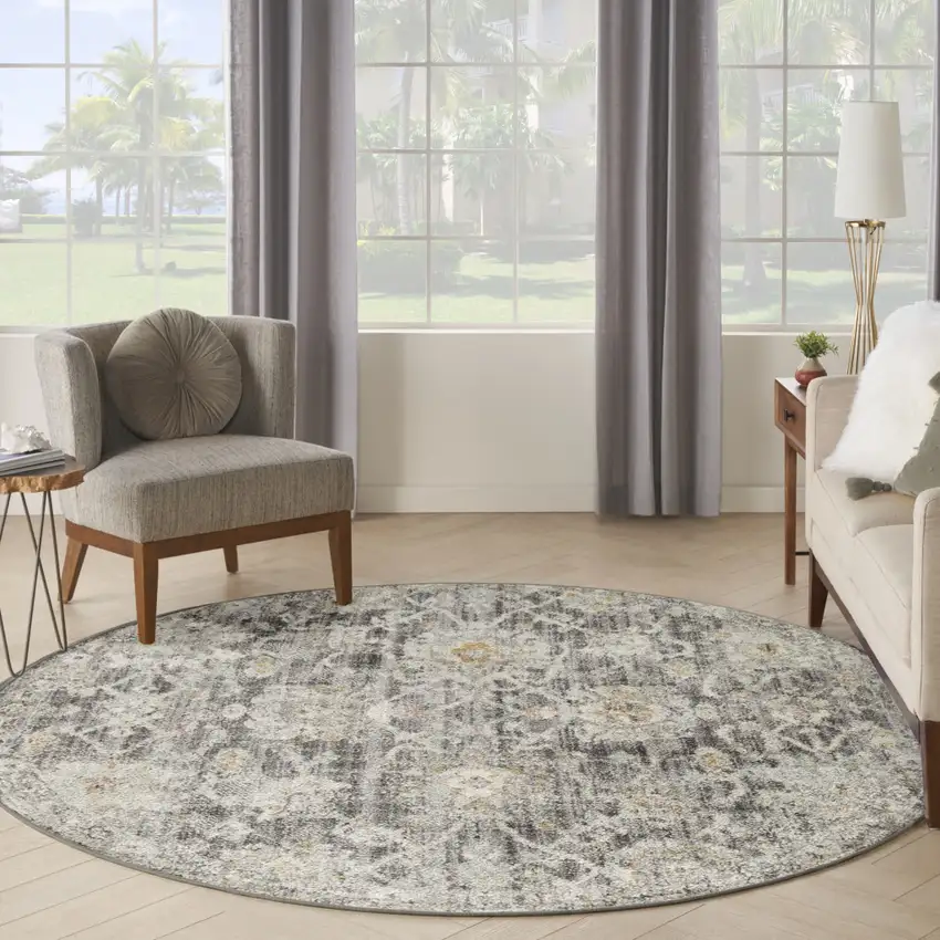 8' Gray Ivory And Black Floral Distressed Round Rug Photo 6